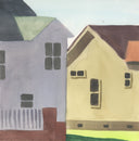 A stylized painting of two houses side by side, rendered in muted pastel tones. The left house is lavender-gray with a green roof and dark windows, while the right house is pale yellow with a dark brown roof and windows.