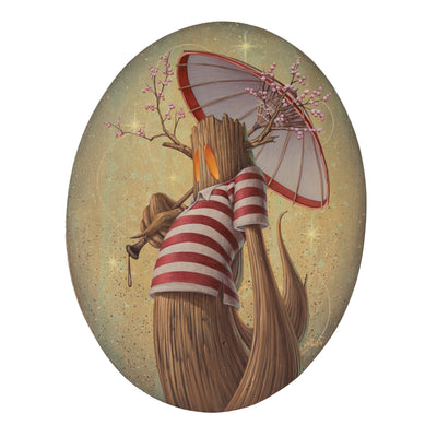 Painting on oval shaped panel of a tree stump character with glowing orange eyes and wearing a red and white striped shirt. It holds a parasol with cherry blossoms.
