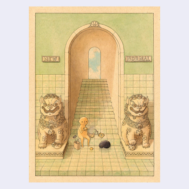 Illustration on brown paper of a small round headed simply drawn character sitting and eating at the bottom of tile steps in a large doorway. On each side of the door are large stone Chinese guardian lion statues.