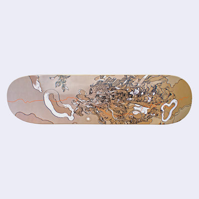 Tan skatedeck featuring illustration of a woman with a dragon over her, with its head stacked atop hers and and its body following behind. It has a curly mane, wooden antlers and scales. Clouds are around the pair.