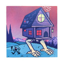 A square artwork featuring a whimsical illustration of a house with large clawed legs, set against a pink and purple sky with blue mountains and a small walking figure in the foreground, shown on a white background.