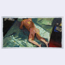 Painting based on a film still from Law of Desire of a man, totally nude, face down on his bed.