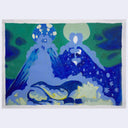 Painting based on a film still from Son of the White Mare of 2 water like figures, all blue.