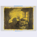 Yellow monochromatic painting based on a film still from Nosferatu of a shadowy bed scene.