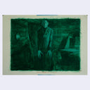 Green monochromatic painting based on a film still from Nosferatu of him standing tall in a darkly lit room.