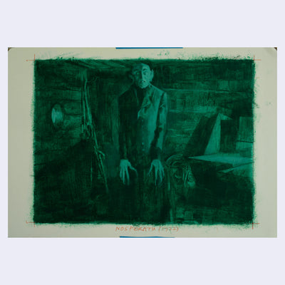 Green monochromatic painting based on a film still from Nosferatu of him standing tall in a darkly lit room.
