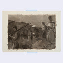 Sepia toned painting based on a film still from Seven Samurai of several samurai walking outdoors.