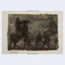 Sepia toned painting based on a film still from Seven Samurai of samurai fighting, one is atop of a horse.