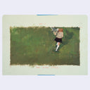 Painting based on a film still from The Birds of a girl running on grass, being attacked by a bird.