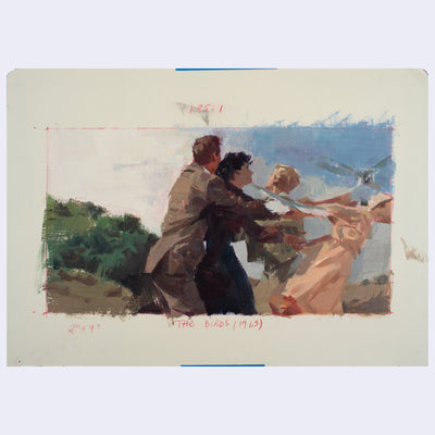 Painting based on a film still from The Birds of people being attacked by birds.