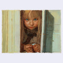 Artistic depiction of a child peeking through a door with a soft focus effect.