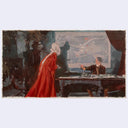Painting of a person in a red robe interacting with another person at a desk.