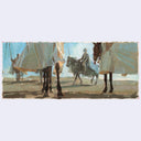 Painting of people on horseback with a light blue sky and white clouds.
