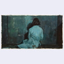 Painting of a person in a blue dress sitting on the floor with a dark background