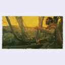 Painting of a man rowing a boat with a yellowish background