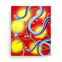 Painting on a bright red background with yellow airbrushed starburst elements of a blue, thin serpent like snake. Its body is curved in various directions and has its fangs out with a forked tongue. A think tree branch is behind it.