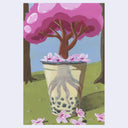 Painting of a tree with pink blossoms and a pot with flowers on a grassy hill.