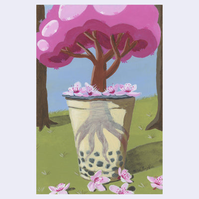 Painting of a tree with pink blossoms and a pot with flowers on a grassy hill.