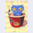 Illustration of a blue cat creature in a cup of noodles with 'Derpy Noodles' branding on a yellow background.