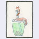 A hand-drawn illustration of two red pandas climbing on a green drink with a blue straw inside a cup, framed by a dark border on a light background.