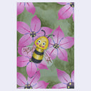 Painting of a cartoon bee laying amongst pink flowers.