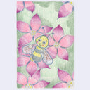 Colored pencil illustration of a cartoon bee on pink flowers.