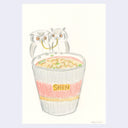Illustration of a cup with Shin noodles and two owls sitting on top, sharing a noodle.