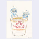 Drawing of an instant cup noodles with 2 small robots in them.