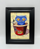 Illustration of a blue cat creature in a cup of noodles with 'Derpy Noodles' branding on a yellow background.