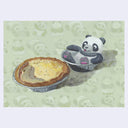 Illustration of a panda bear sitting in a mini pie tin, with an egg tart in a mini pie tin in front of it. Background is green with a faint repeating pattern of pandas.