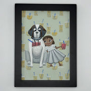 Painting of a Saint Bernard, sitting next to a little girl wearing a white dress. She holds a cup of boba and leans into the dog, who has a boba hanging from its neck like a barrel of whisky.