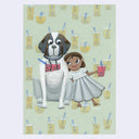 Painting of a Saint Bernard, sitting next to a little girl wearing a white dress. She holds a cup of boba and leans into the dog, who has a boba hanging from its neck like a barrel of whisky.