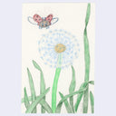 Drawing of a dandelion amongst tall grass, a cartoon style ladybug flies over it.