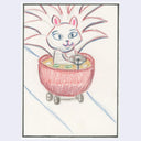 A colored pencil drawing of a white cat with pink ears sitting inside a pink rolling cart, on a white background with a thin black border.