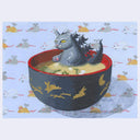 Illustration of a cat in a bowl of soup with a blue background featuring small animal illustrations.