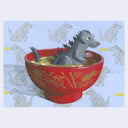 A whimsical illustration of a gray Godzilla-like dog monster sitting in a red bowl of ramen with gold bamboo motifs, set against a light blue background patterned with gray Godzilla silhouettes.