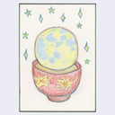 A hand-drawn colored pencil illustration of a yellow moon resting on a red bowl decorated with yellow stars, surrounded by small blue and green stars on a white background.