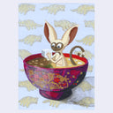 A whimsical artwork featuring a cartoon lemur with very large ears, sitting inside a large red and gold patterned bowl, holding a white cube of tofu, set against a light blue background with repeating pale yellow Appa silhouettes.