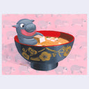 Illustration of a cartoon hippo sitting in a bowl of miso soup.