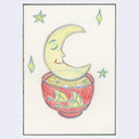 A drawing of a crescent moon sitting atop of a red bowl of miso soup.