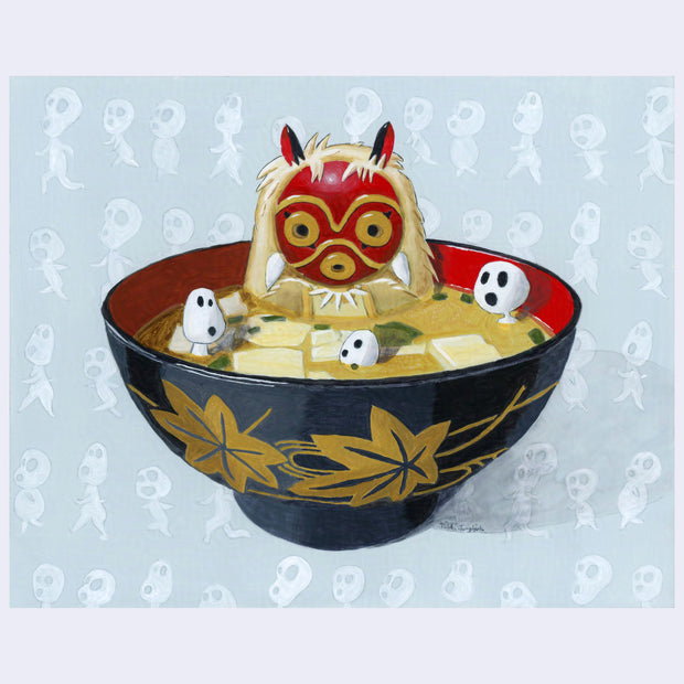 Bowl of miso soup with Princess Monoke sitting inside of it. Around her are small Kodamas.