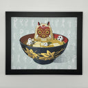 Bowl of miso soup with Princess Monoke sitting inside of it. Around her are small Kodamas.