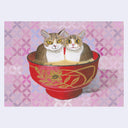Acrylic painting of 2 brown and white cats,  sitting inside a bowl of miso soup. The bowl is read with a gold flower design on the side. Background of the piece is pink with butterfly patterning.
