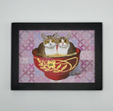Acrylic painting of 2 brown and white cats,  sitting inside a bowl of miso soup. The bowl is read with a gold flower design on the side. Background of the piece is pink with butterfly patterning.