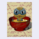 Illustration of a cartoon style snake with large eyes, and a gold and grayish blue body. It sits in a red cup of miso soup against a yellow background with a repeating pattern of snakes. 