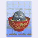 Painting of Godzilla in a bowl of miso soup, so only its head is showing. Background is a light blue gradient with patterns of ships and planes.