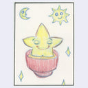A hand-drawn illustration on a cream card or paper, featuring a smiling yellow star-like character sitting in a pink bowl, with a yellow sun, crescent moon, and small diamond shapes around it.