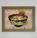 Painting of a miso soup bowl, black with a red interior and gold leaf pattern on the exterior. A raccoon tanuki character sits in it and holds a cube of tofu. Background is a repeating pattern of lantern.