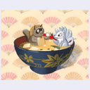 Illustration featuring a dark blue bowl of miso soup with a white multi-tailed fox character on the right and a brown tanuki character on the left, set against a cream background with pink and beige folding fan patterns.