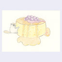 Illustration of a squirrel hugging a thick pancake with berries on top.